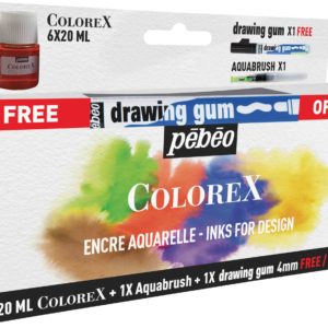 Encre Colorex. Kit 6 flacons 20 ml + Pinceau + Feutre Drawing gum